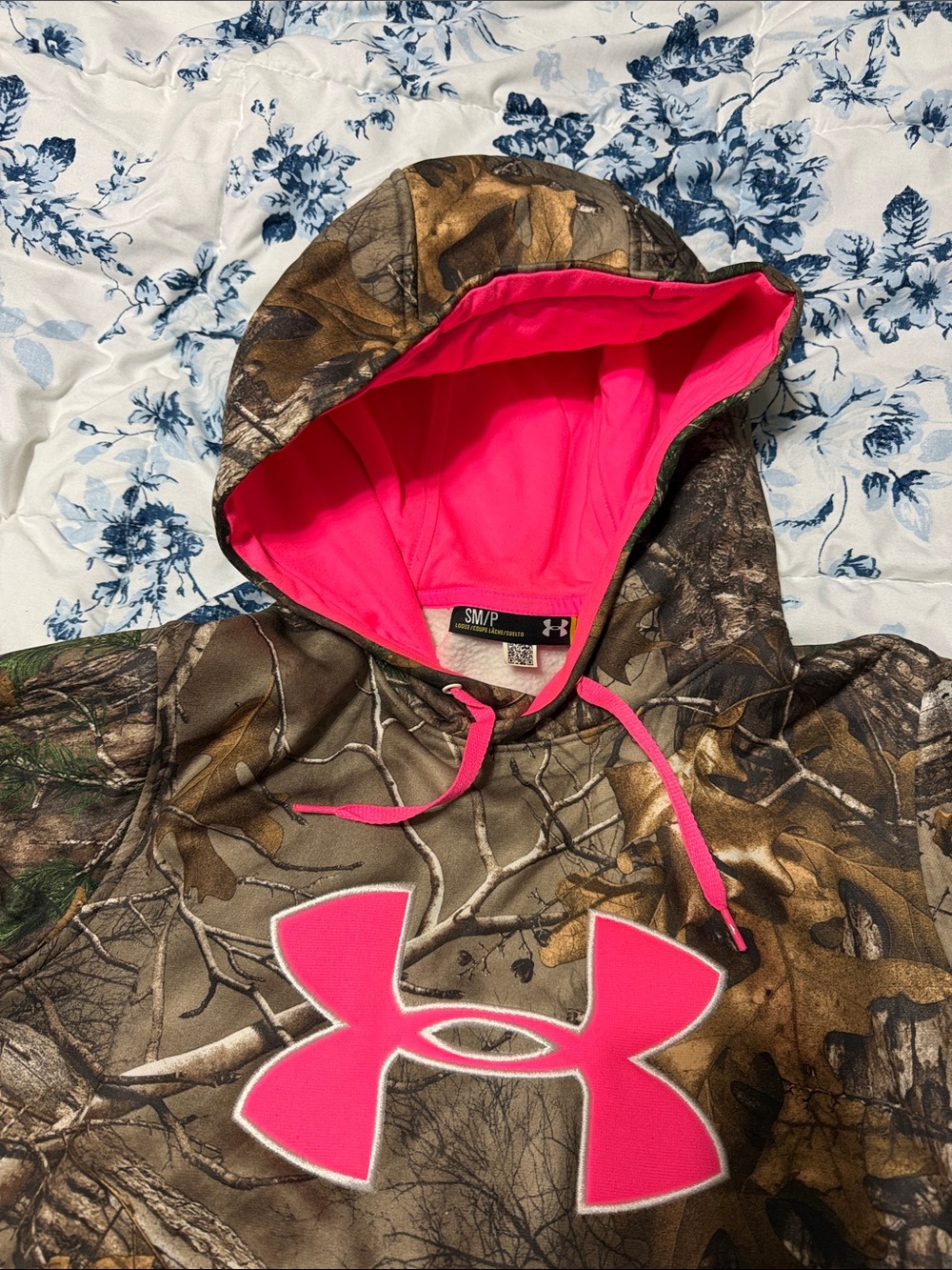 Under Armour Camo Hoodie with Bright Pink Logo & Liner